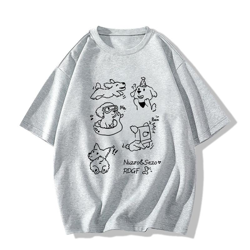 Ladies Summer Short Sleeve Round Collar Pullover Casual Sketch Puppy Printed Teenager Oversize T Shirt Top