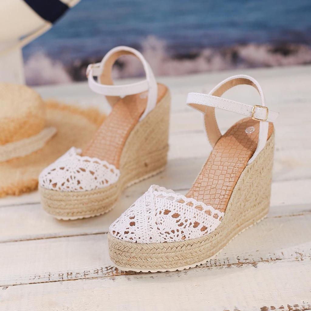 Women's Closed-Toe Wedge Sandals - Thick Sole, Waterproof Platform, Espadrille Style with Hemp Rope and Single Strap.