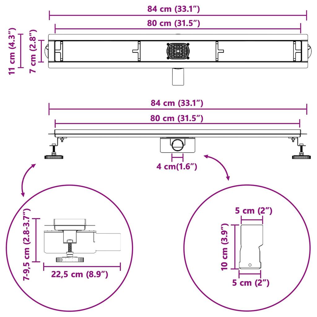 2 in 1 Shower Drain with 360 degrees Siphon Silver 80 cm Stainless Steel 304