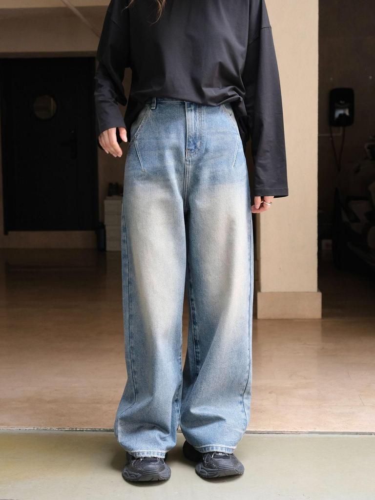 Louvre Retro Waxed Wide-Leg Jeans for Women - Autumn/Winter Fashionable Korean Style