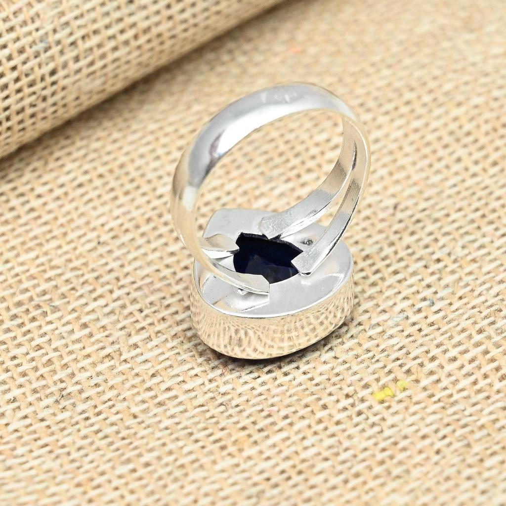 Lab-Created Blue Sapphire Gemstone 925 Solid Silver Jewelry Wedding Ring Gift For Her