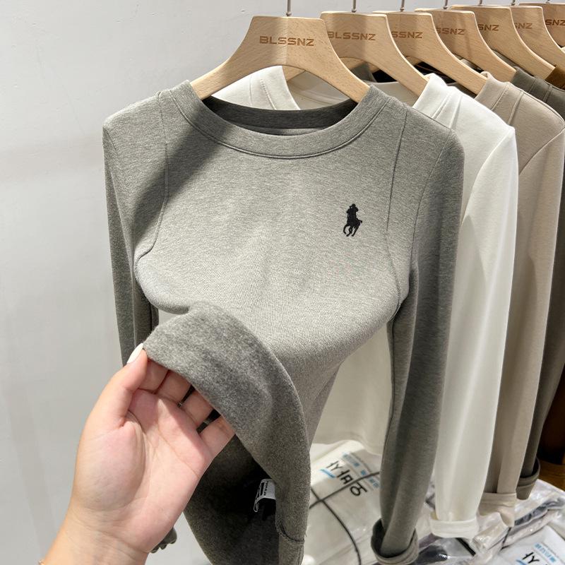 Korean Dongdaemun Embroidered Little Horse Velvet Lined Round Neck Women's T-shirt, Long Sleeve Autumn/Winter Top
