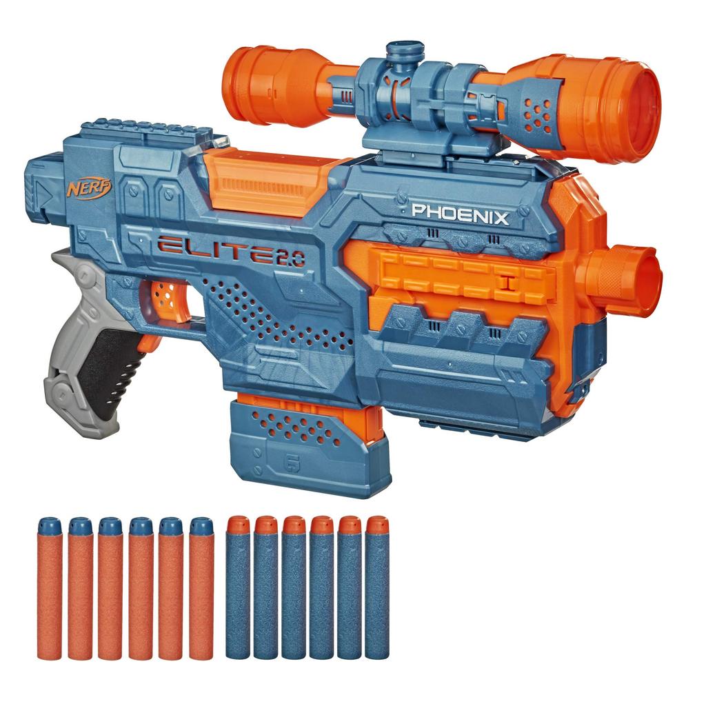 Nerf Elite 2.0 Phoenix CS-6 Elektrischer Blaster mit 12 Offiziellen Darts, Magazin, Abnehmbarem Zielfernrohr, Taktischer Schiene und Lauf-Schaft-Aufsätzen (E9961).