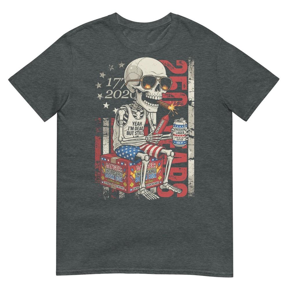 250 Years Funny Skeleton Fireworks American Flag 4th Of July Tshirt
