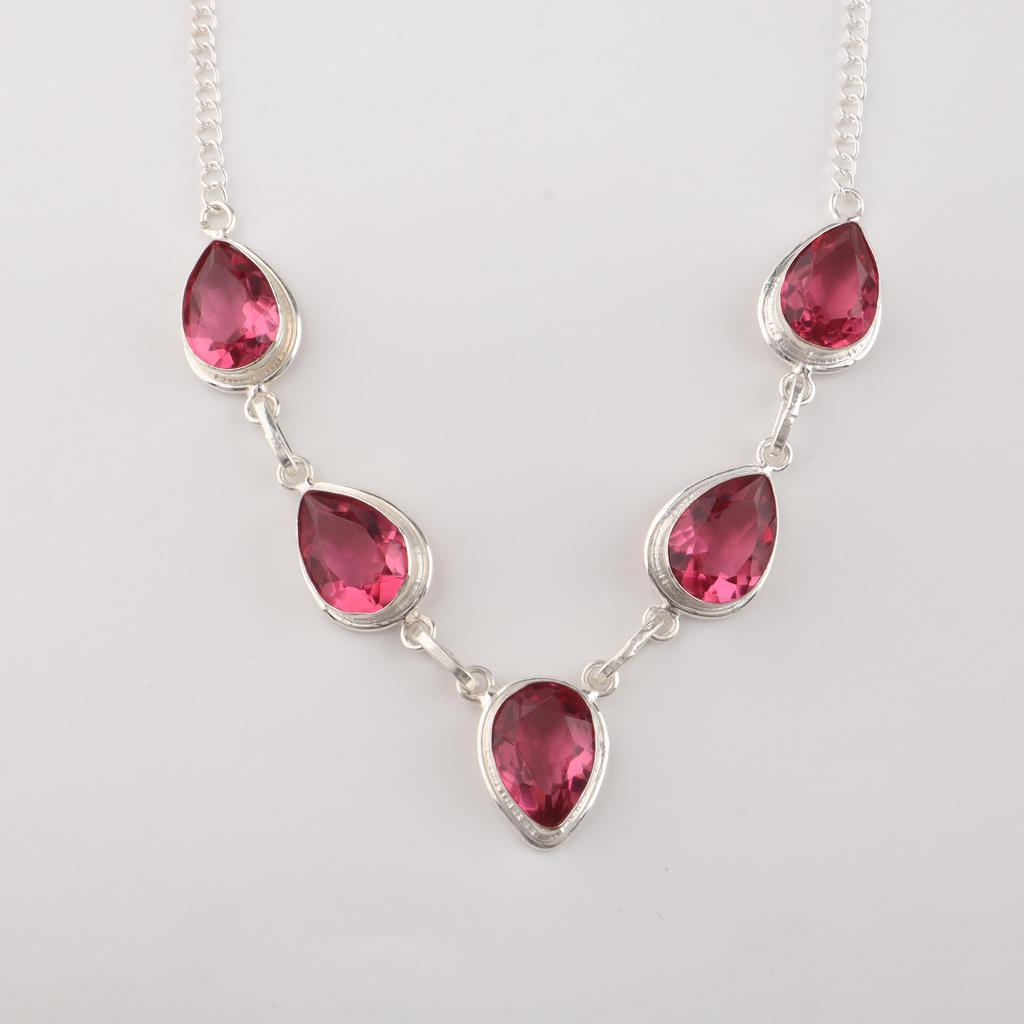 Rosa Turmalin Edelstein Silber Halskette 925 Sterlingsilber Handgefertigte Halskette für Frauen Geburtstagsgeschenk RN-1-5