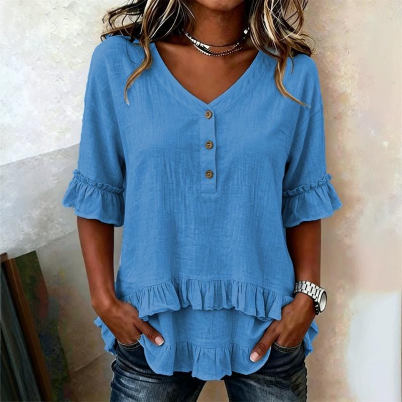 Women Beige V Neck Button Front Ruffle Trim Short Sleeve Casual Tunic Blouse