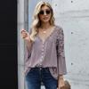 Elegant Loose Lace Shirt Women's Long Sleeved Deep V-neck Hollow Out Lace Splicing Blouse Solid Color Fashion Casual Sweet Clothing