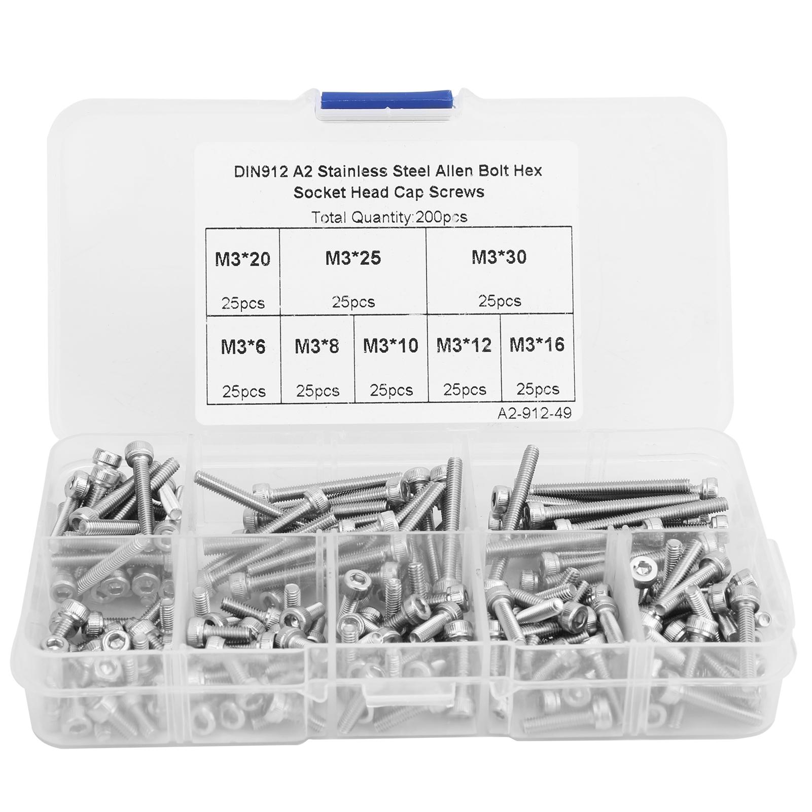 

200Pcs Hex Socket Cap Head Screw 304 Stainless Steel Boxed Hardware Accessories M3