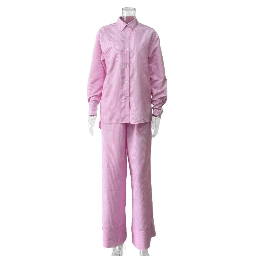 Women's Loose Fit Two Piece Outfit Long Sleeve Shirt Straight Waist Wide Leg Pants Stripe Print Urban Co-ord Set