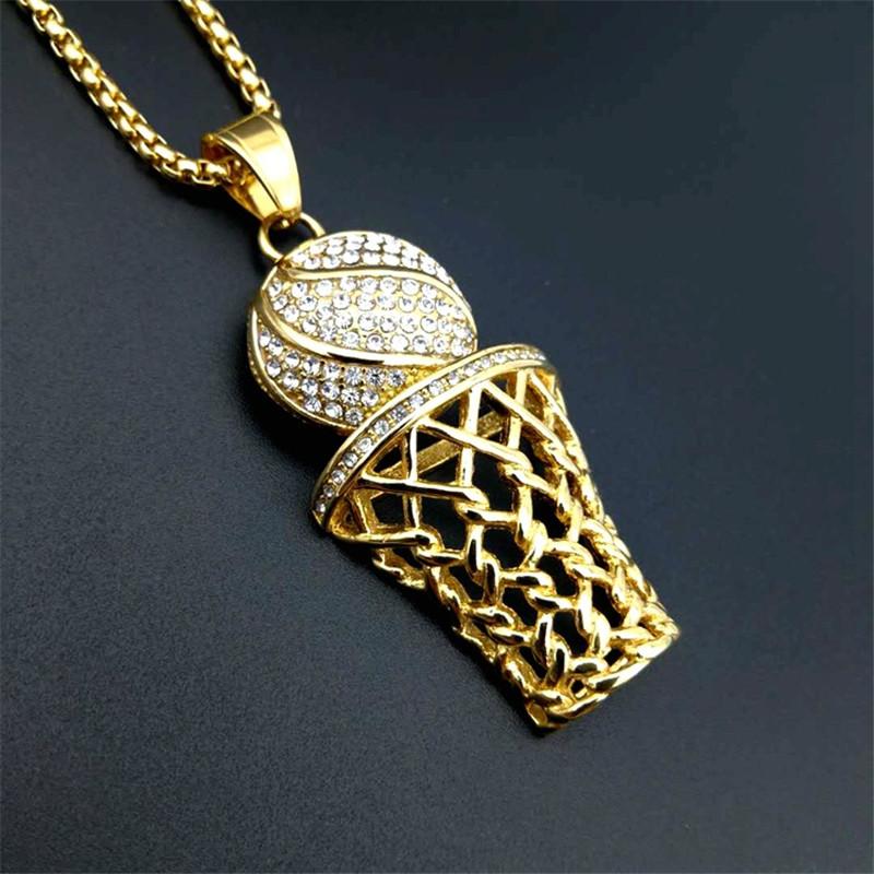 Hip Hop Edelstahl Iced Out Pave Zirkonia Basketball Korb Anhänger mit Ketten Gold Farbe Hip Hop Halskette Schmuck