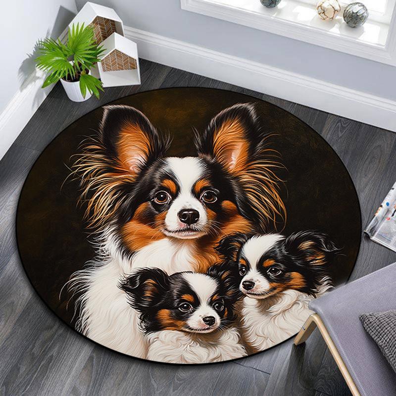 Papillon Dog Round Area Rug,Carpet Rug for Living Room Bedroom Sofa Playroom Decor,Non-slip Floor Mat