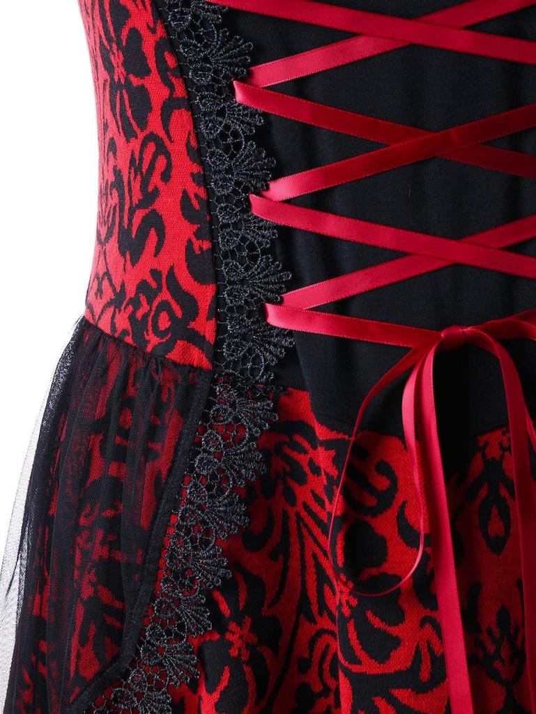 Vestido Vintage de Talla Grande con Tirantes de Encaje y Lazos con Dobladillo Irregular