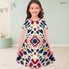 Little Girls Round Neck Short Sleeve Watercolor Printed A Line Flared Dress