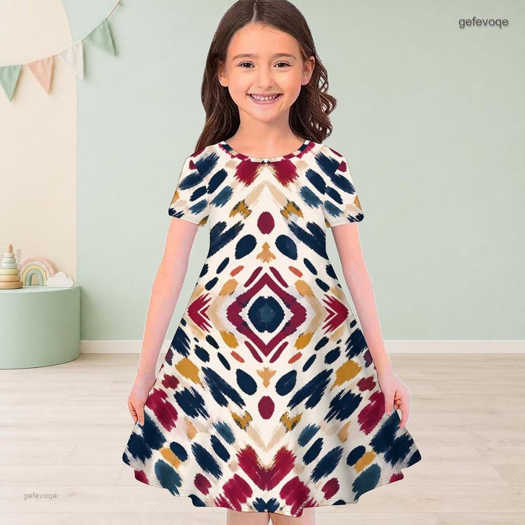 Little Girls Round Neck Short Sleeve Watercolor Printed A Line Flared Dress