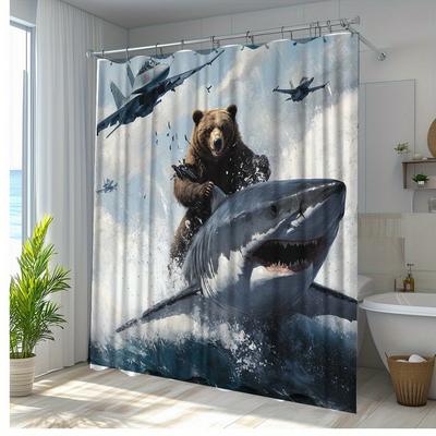 1pc Creative Bear Riding Shark Shower Curtain - Artistic Bathroom Decor with Fun Ocean Adventure Design, Durable Polyester Fabri