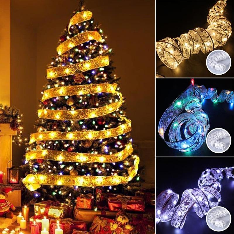 1/3/5M Christmas Tree Decoration Ribbon Lights DIY Bronzing Lace Ribbon String Lights For New Year Xmas Party Home Decolation