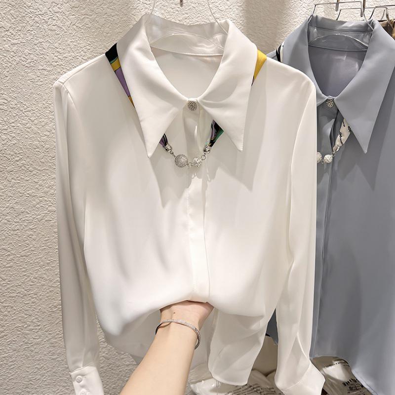 Korean Style Slim Fit Chiffon Shirt with Gift Scarf - Women's Spring Long Sleeve Top