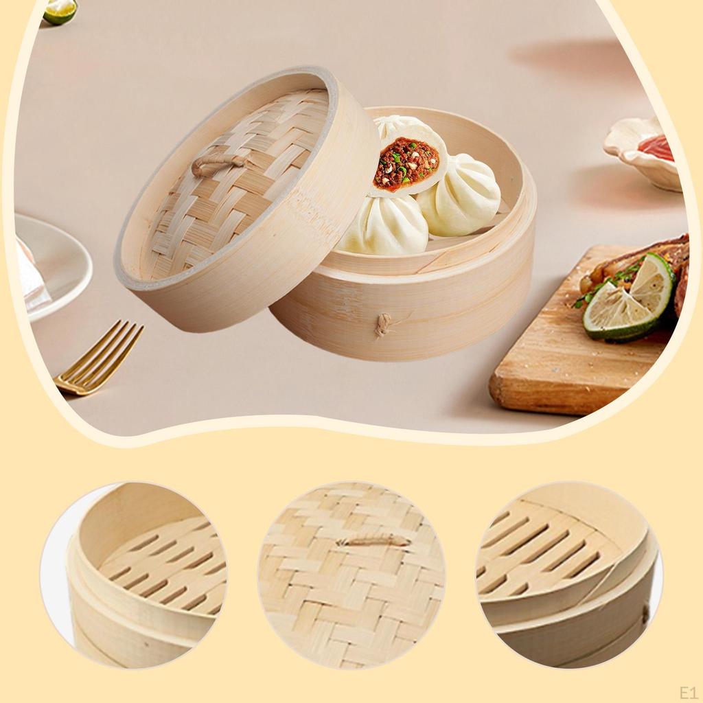 Bamboo Dumpling Steamer, Handmade, Round, Multi-purpose, with Lid for Cooking Seafood, Vegetables,