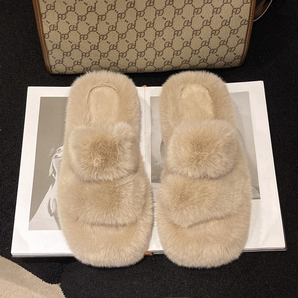 High-end large-size one-word fluffy slippers for women's 2025 autumn and winter new outer wear thick-soled small cotton slippers