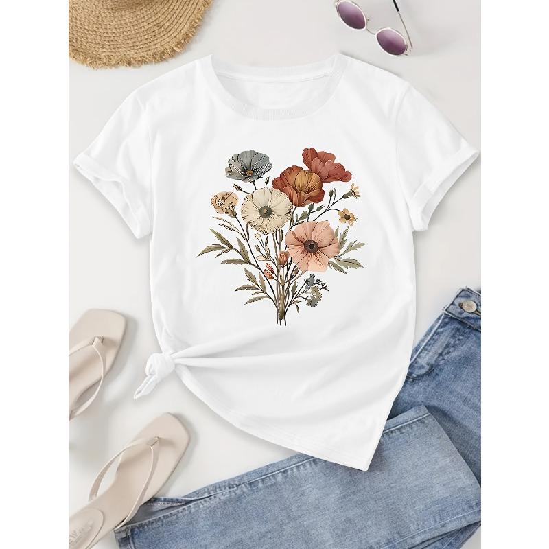 European Size Floral Printed High-Quality Pure Women'S T-Shirt | Casual Round Neck, Short Sleeves, Machine Washable, Ideal for Spring/Summer