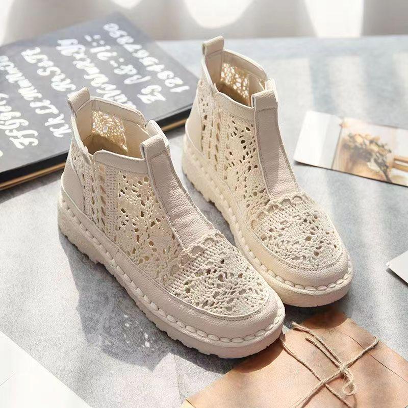 2026 Ny Sommar Dam Spets Hålmönster Höga Plattbottnade Stövlar Mjuk Sula Halkfri Andningsbara Slip-On Ankelstövlar
