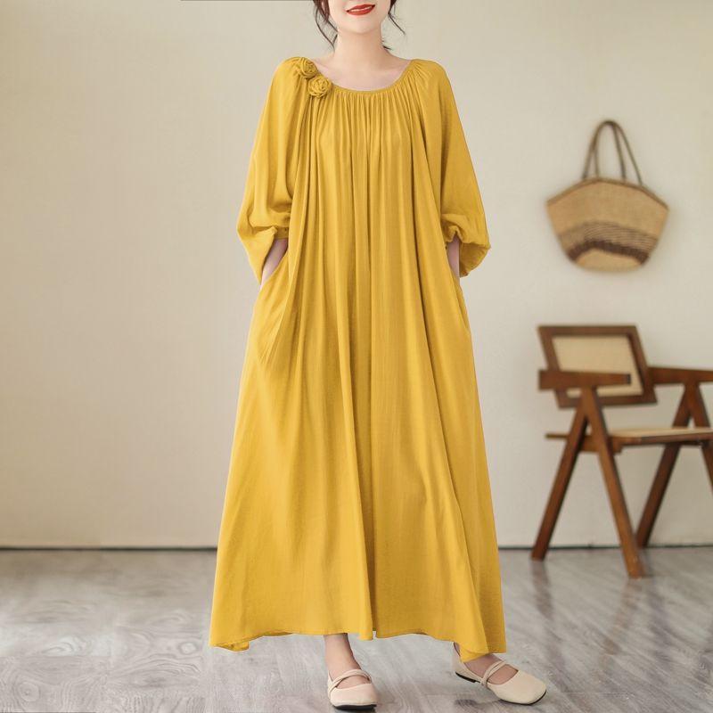 Women Loose Elegant Long Dress Plus Size Vintage Casual Maxi Long Sleeve Dresses Spring Summer