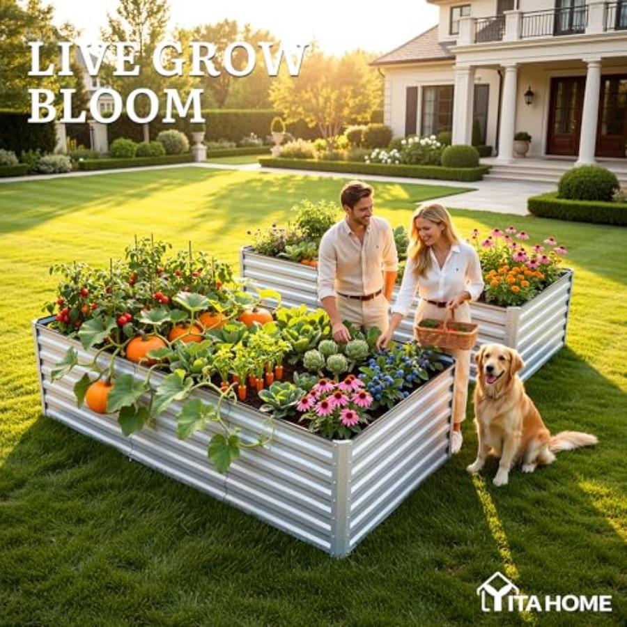 8x4x2ft Large Raised Garden Bed Kit Galvanized Metal Planter Box with Gloves Ground Nails Support Rod Safety Rubber Outdoor Abo