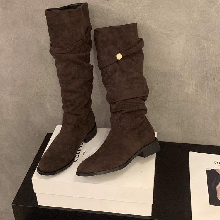 French Thick Heel Popular Suede Piled Boots Women's Shoes 2025 New Spring and Autumn Winter Versatile Thin Long Boots