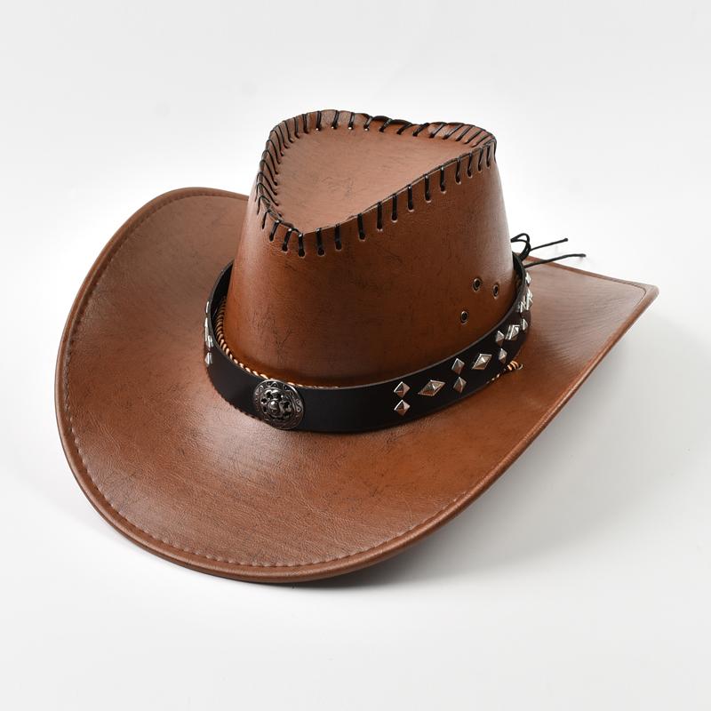 Faux Leather Western Cowboy Hats For Women Men Vintage Big-edge Gentleman Cowgirl Jazz Hat Holidays Party Cosplay Hat