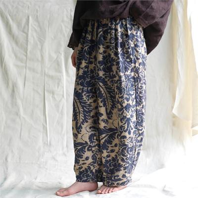 Women Vintage Print Floral Straight Pants Elastic Waist Spring Loose Pockets Linen Chinese Style Pants