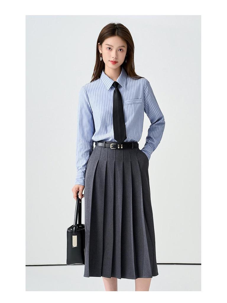 Women's Blue Striped Slim Fit College Shirt for Petite Students