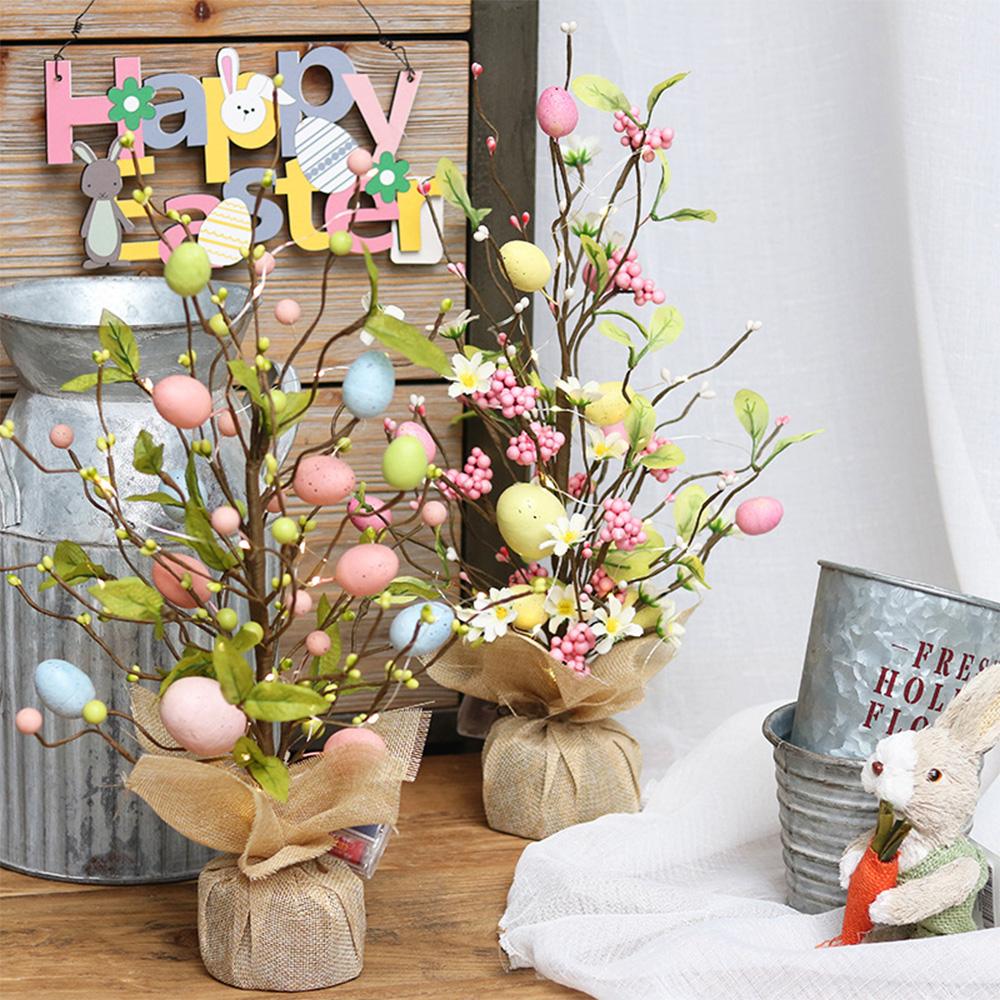 45cm Easter Egg Tree Branch with LED Lights Decora Colorful Painting Desktop Eggs DIYEgg Artificial Flower for 2025 Easter Party