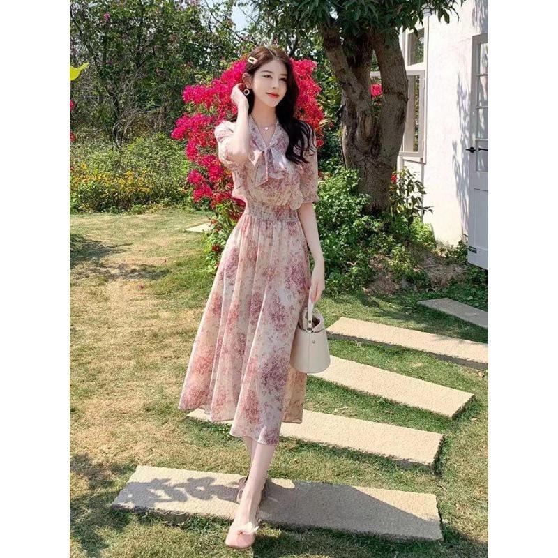 Summer French Style Floral Midi Dress - Waist-Cinched, Slimming, Elegant Temperament