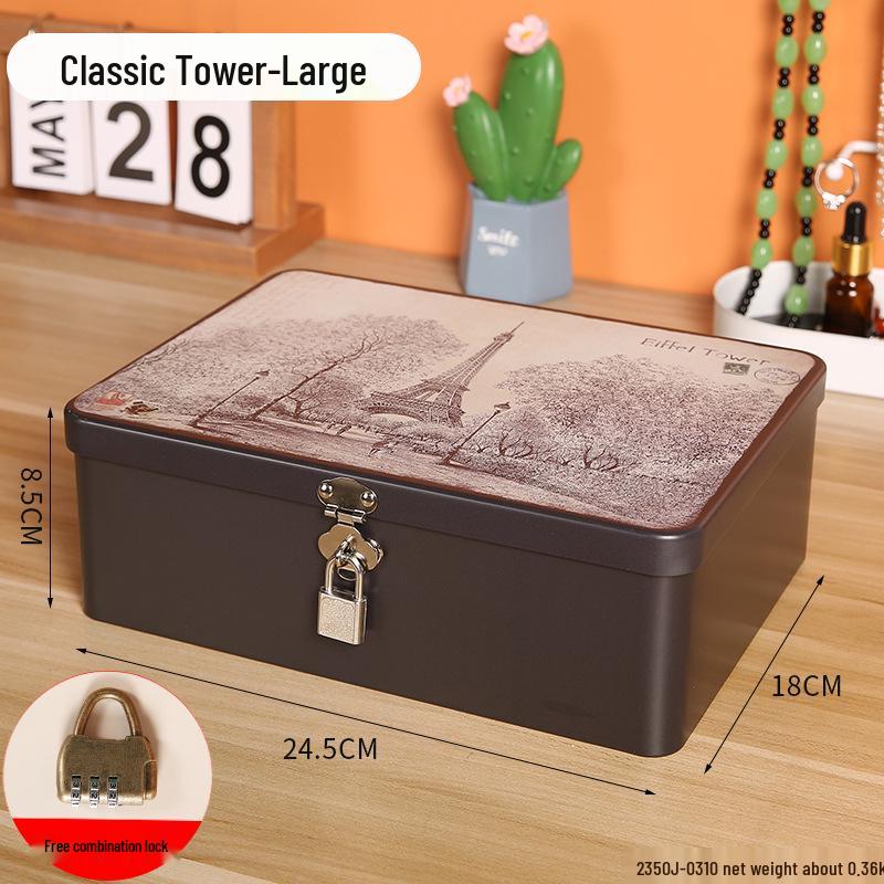 Lockable Retro Tin Box for Cosmetics, Documents, and Jewelry Storage