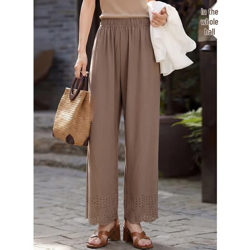 Haoyi Women s Summer Coffee Hollow Lace Straight-Leg Pants L