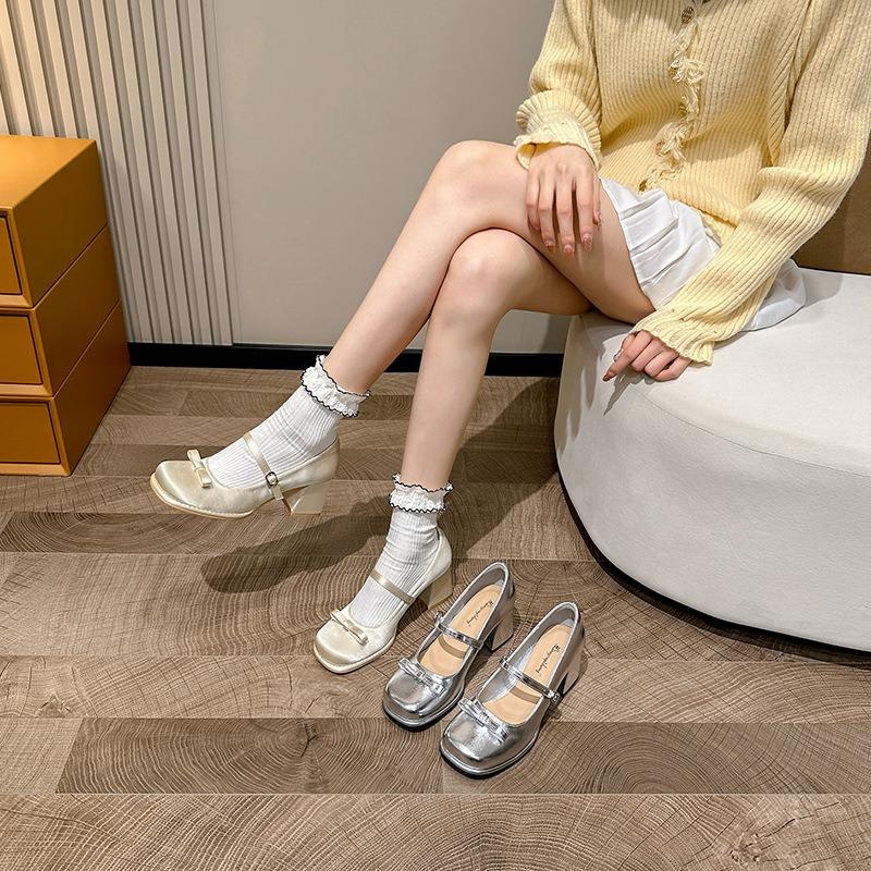 Leather Small Silver Shoes Mary Jane High Heels Women's Spring and Autumn Cheongsam Shoes Horse Dress Shoes Thick Heel Single Shoes