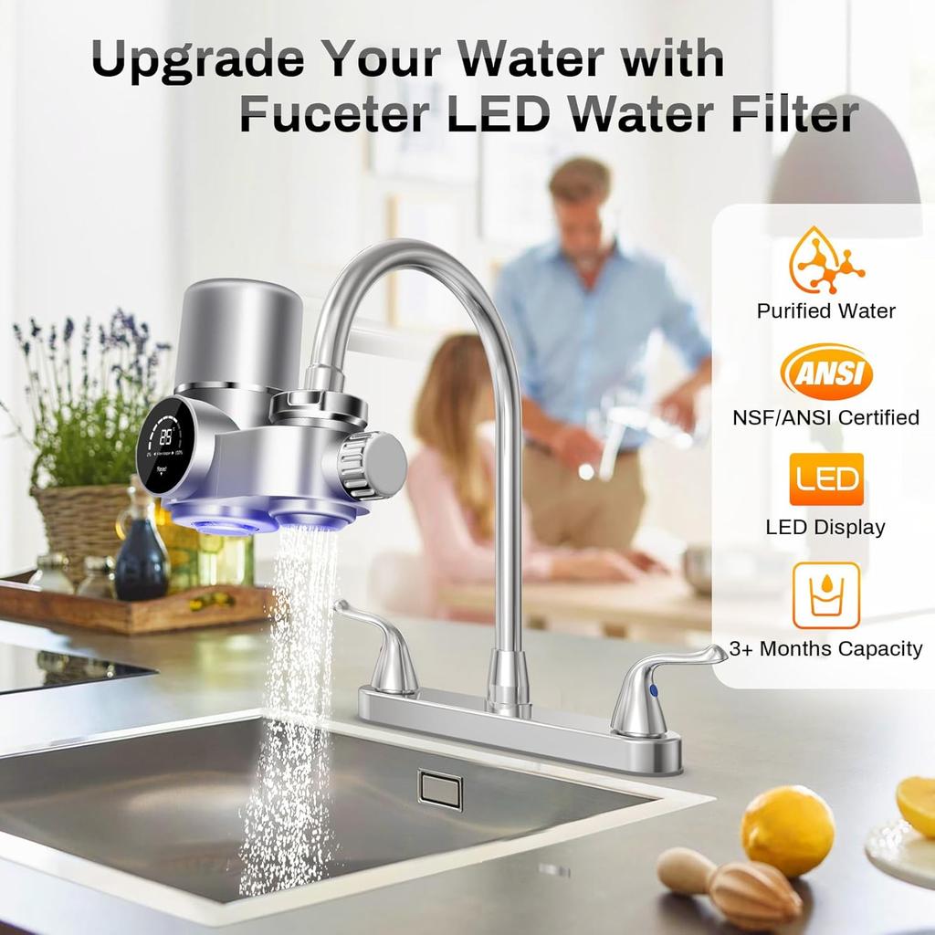Faucet Mount Water Filtration System, LED Digital Display Faucet Tap Water Filter, NSF Certified to Reduce Chlorine Heavy Metals and Bad Taste w/13