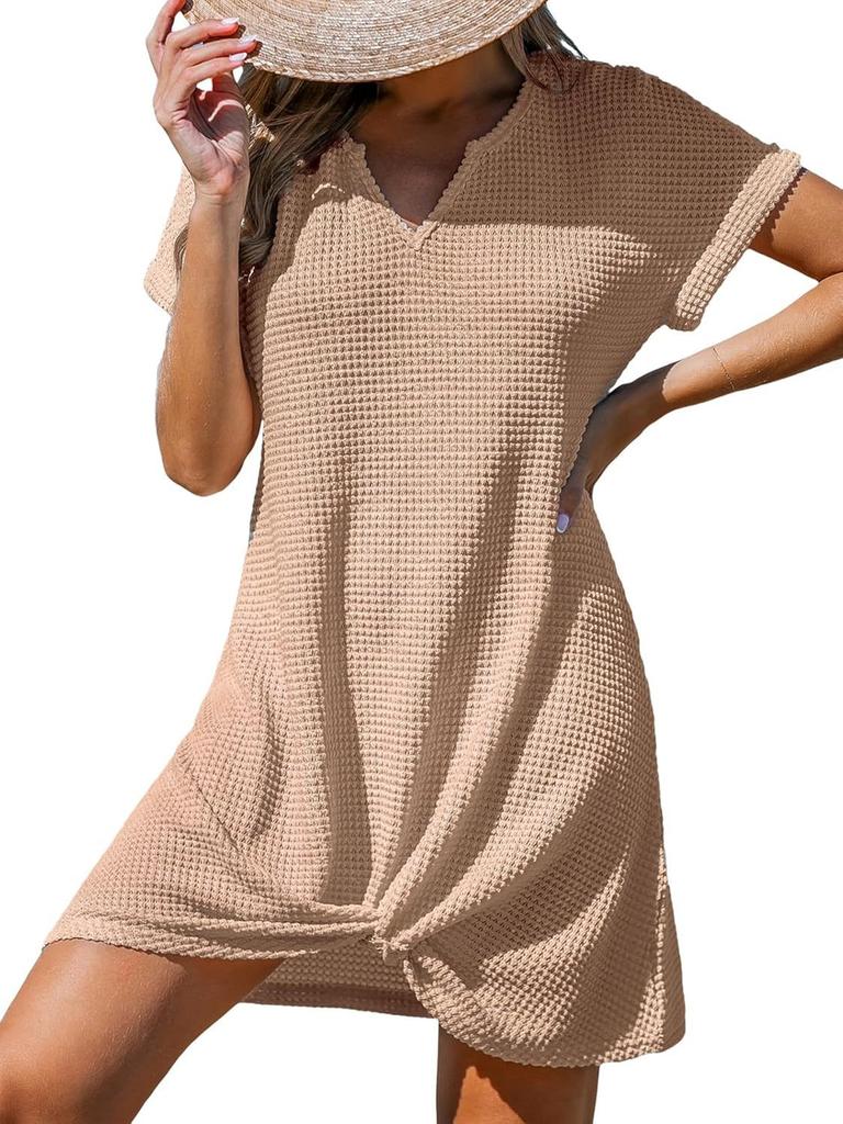Women's Summer New Beach Dress V-Neck Knotted Cover-Up Ruffle Dress In Stock
