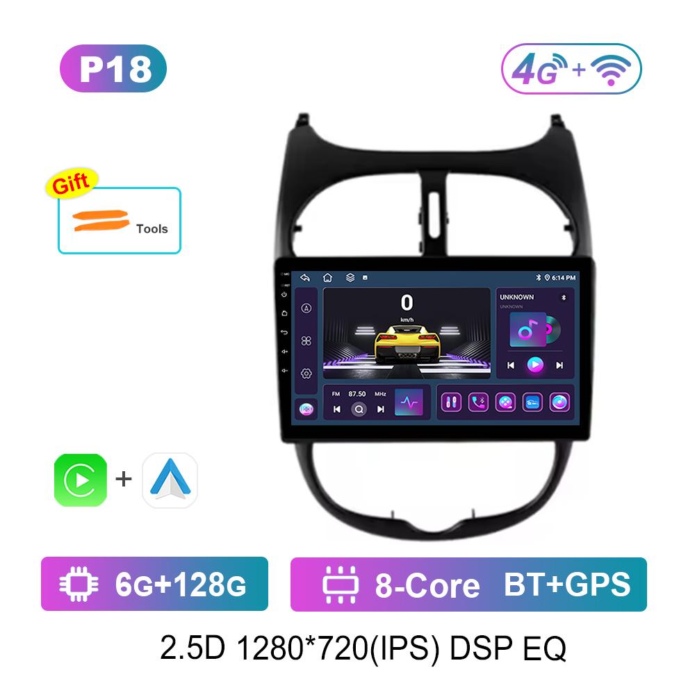 9 Inch Navigation GPS 4G Carplay for Peugeot 206 2001 - 2016 Android OS Car Video Multimedia Player BT QLED Touch Screen WiFi
