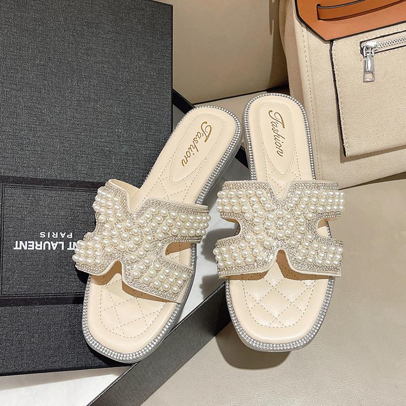 

Тапочки знаменитостей из Интернета, женская одежда, весна-лето 2025, новая корейская версия универсальной моды, сандалии с одним словом на плоской подошве, украшенные жемчугом и стразами 40 бежевый