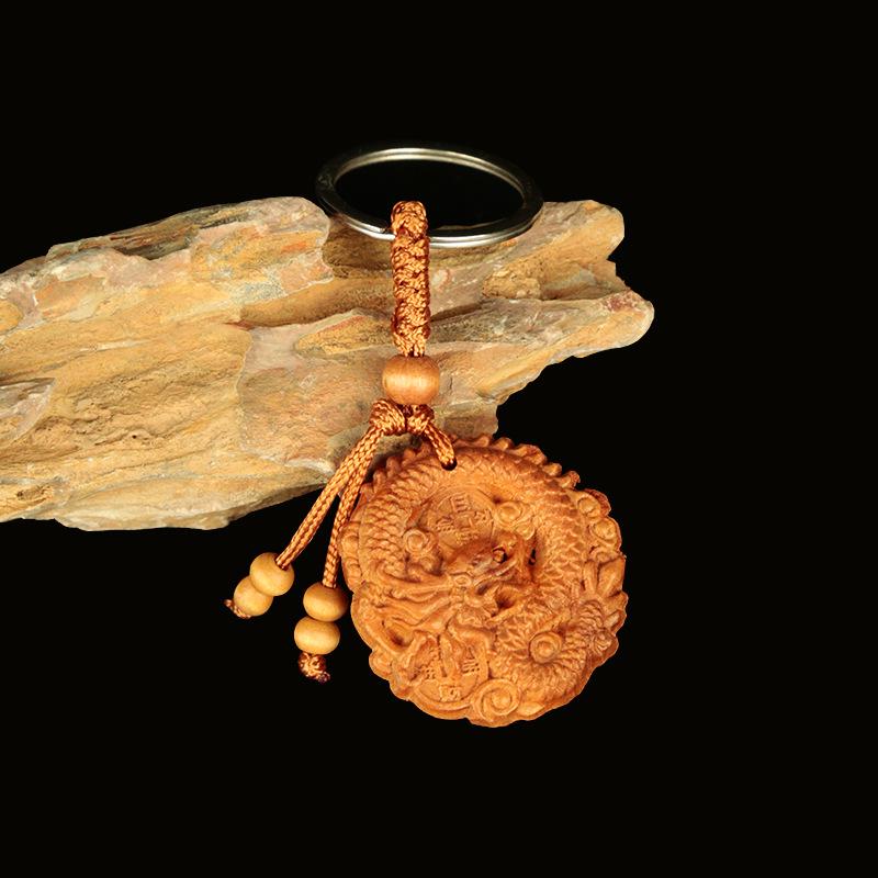 Peach & Jujube Wood Zodiac 3D Keychain: High-End Guardian Amulet Jewelry.