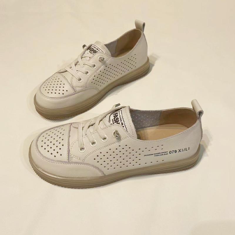 First Layer Cowhide Little White Shoes Women's Casual Soft-soled Hole Shoes Versatile Comfortable Non-slip Breathable Pregnant Women Flat Sandals