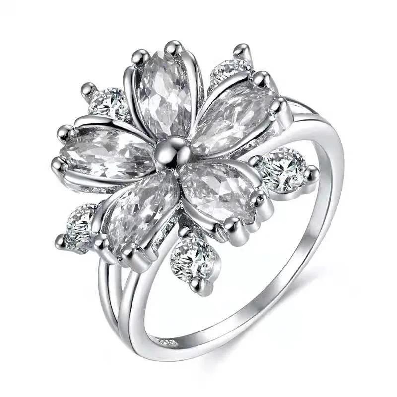 Hot Sale Classic Silver Color Inlaid Garnet Red Zircon Flower Shape Ladies Banquet Ring   Whole Sale