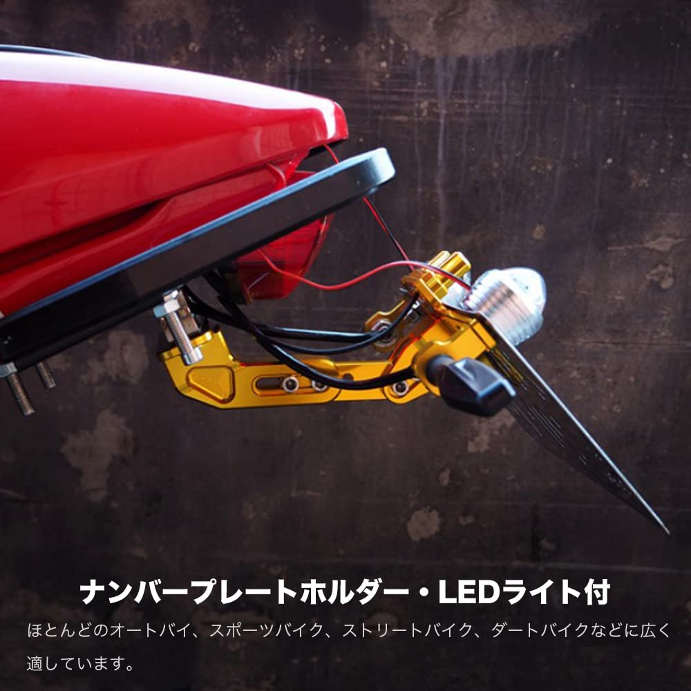 License Plate Stays, License Plate Holder for Motorcycle, Fender Eliminator Bracket with LED Light, Angle Adjustable, Universal Type, Gold