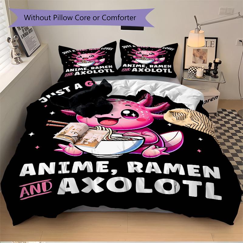 3pcs Colorful Axolotl Enjoying Ramen Quilt Cover Set (1 Quilt Cover + 2 Pillowcases Without Pillow Core), High-Definition Printing for Home and D