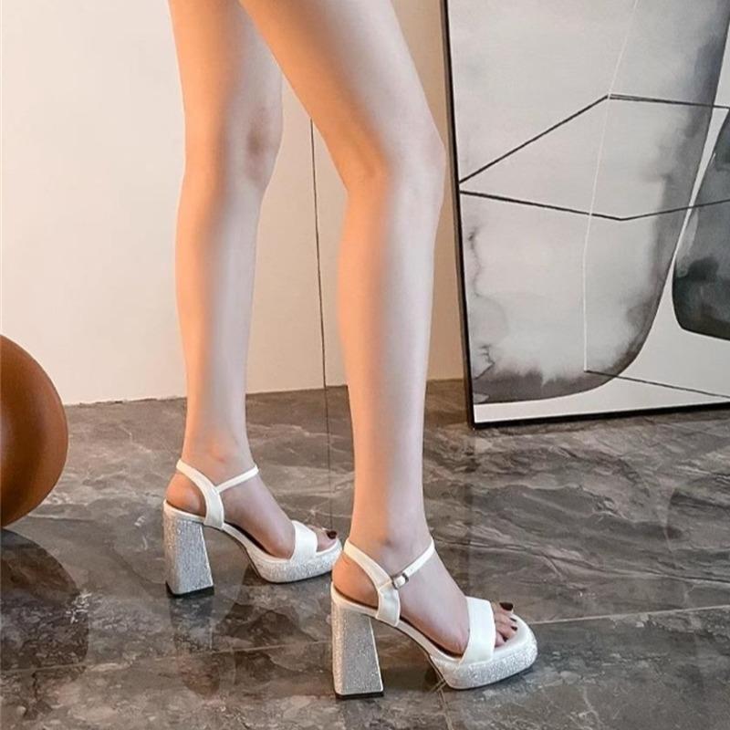 Women's Sandals Fashion Rhinestone High Heels Sandals Summer Square Toe Peep Toe Sandals for Women Crystal Banquet Party Sandal