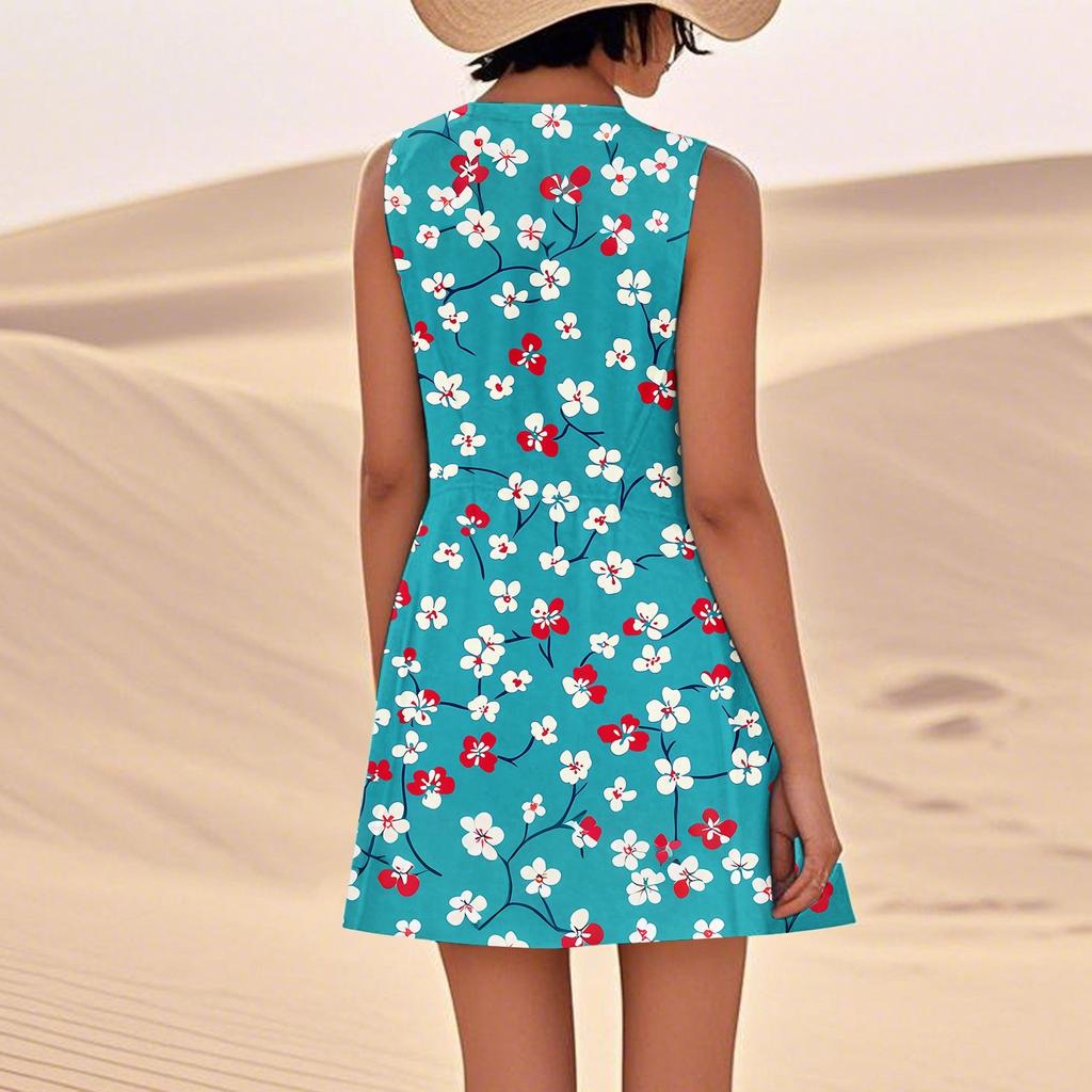Print Dresses For Women Loose Beach Vacation Casual Sleeveless Sundresses With Pockets Tank Dress
