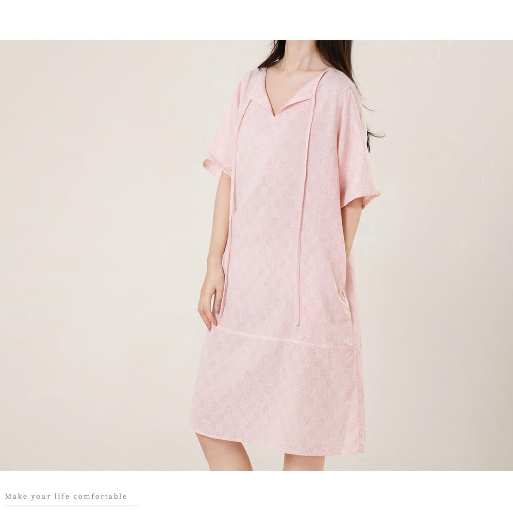 Yes Family Cotton Double Gauze Pajama Stylish Check Size Pink Women's 100% Dress, Knee-Length, Flattering, Pattern, L,