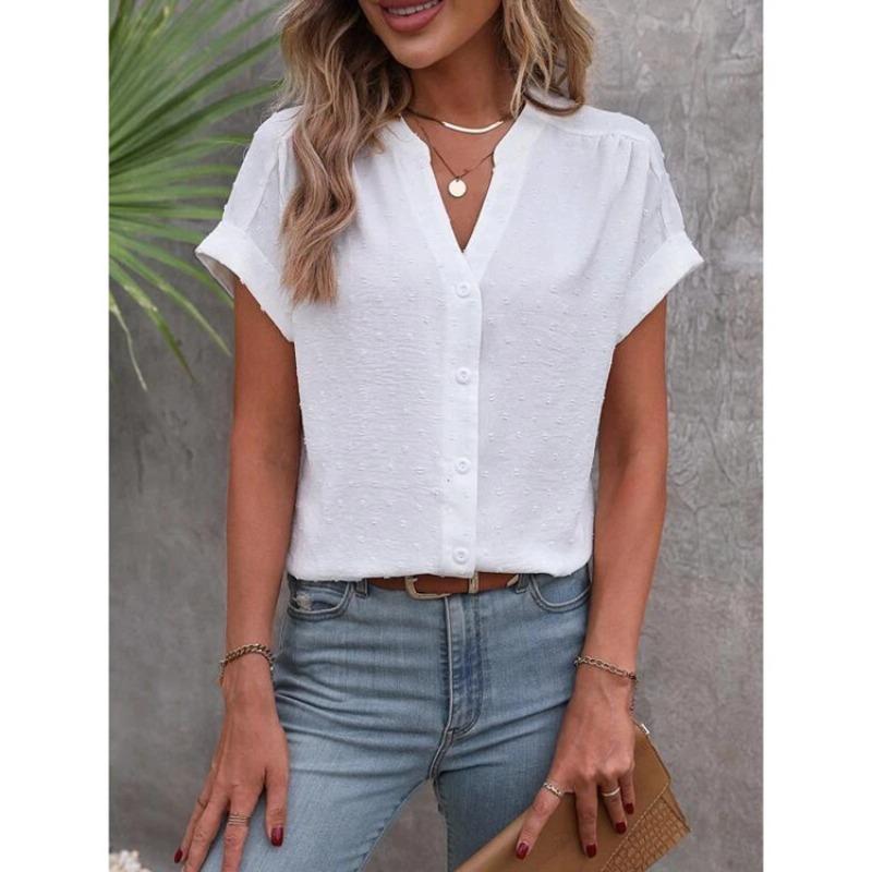 Summer Short Sleeve Office Loose Women Shirts Solid Color Jacquard V-Neck Buttons Fashion Woman's Blouse Elegant Casual Simple Tops Basic Clothing