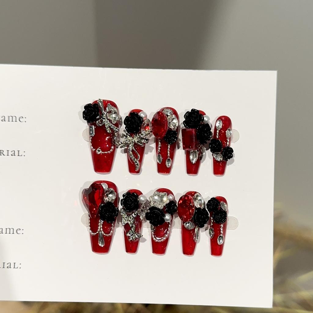 Red Medium Coffin Press On Nails Square Fake Nails French Tip Glue On Nail with Design Reusable False Acrylic Nails Full Cover Stick On Nail for Women